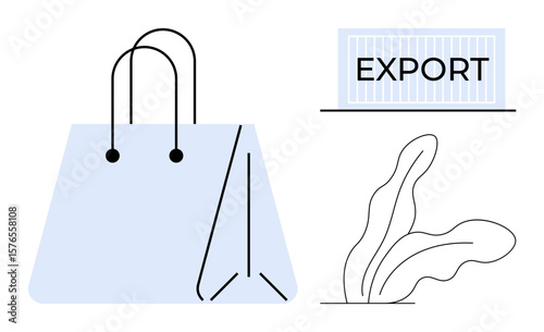 Shopping bag and shipping container represent trade, export business. Stylized plant adds eco-friendly vibe. Ideal for logistics, e-commerce, sustainability, retail, supply chain, global trade