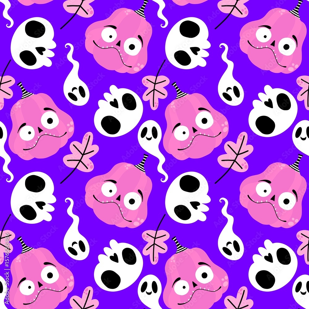 Obraz premium Autumn harvest vegetable seamless monster Halloween pumpkins pattern for wrapping paper and fabrics