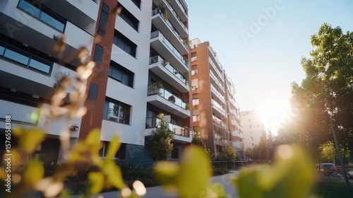 Modern apartment buildings in sunny residential area