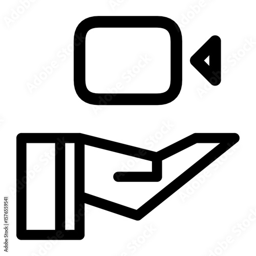 icon of an open hand holding a video camera symbol. Represents video production support, video donation, videography service, creative content assistance, or equipment sharing.