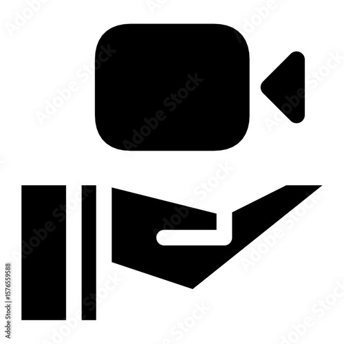 icon of an open hand holding a video camera symbol. Represents video production support, video donation, videography service, creative content assistance, or equipment sharing.