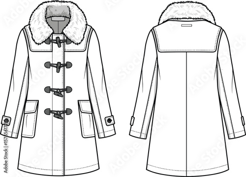 Toggle coat vector template, front and back fashion sketch, fur collar outerwear design, flap pocket garment illustration, strap cuff detail, editable apparel layout