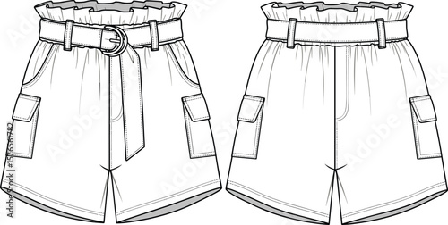Paperbag waist shorts vector template, front and back fashion sketch, belted design with flap pockets, stylish garment mockup, editable apparel layout illustration