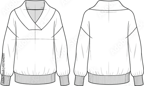 Vector V-neck sweater template, front and back technical sketch, long sleeve apparel mockup, garment outline, fashion illustration, ribbed cuffs and waistband design