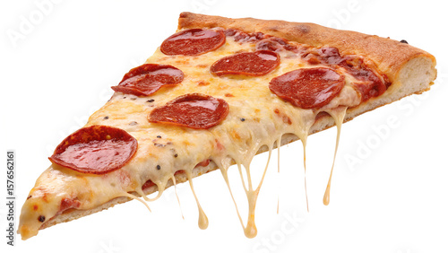 Cheesy Pepperoni Pizza Slice with Dripping Cheese and Crispy Crust Close-Up

