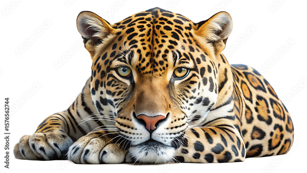 Obraz premium Resting Jaguar Portrait with Intense Gaze on Transparent Background