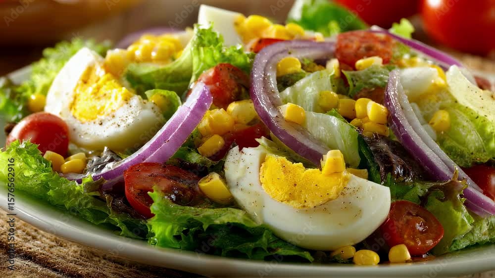 A closeup of a refreshing salad showcasing a blend of crisp lettuce leaves bright yellow corn and vibrant red onion interspersed with slices of boiled egg and diced tomatoes all drizzled