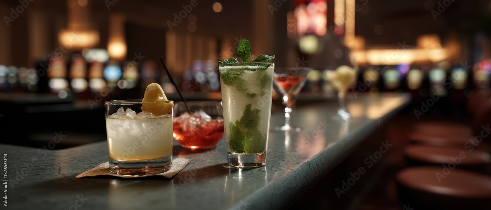 Elegant casino bar with cocktails overlooking gaming floor Elegant casino bar with cocktails overlooking gaming floor