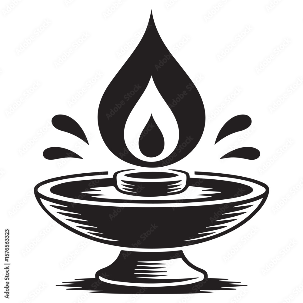 Fototapeta premium A stylized black and white graphic illustration of a traditional oil lamp with a flame and splashes of liquid representing light energy and tradition