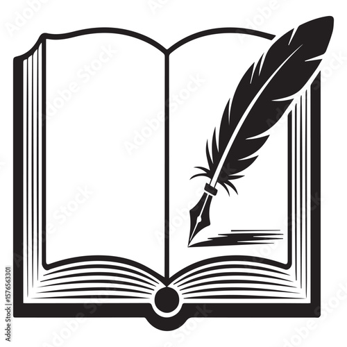 An open book with a quill pen poised to write on its pages symbolizing knowledge creativity and the art of writing in a classic black and white illustration