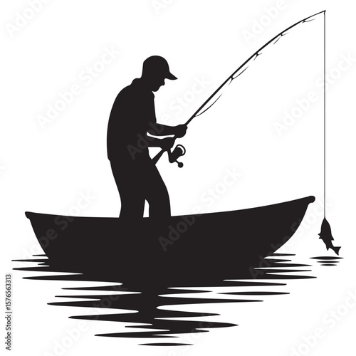 Silhouette of a fisherman in a boat reeling in a fish on a calm lake with ripples reflecting the boat and angler on a white background