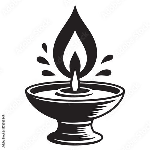 A stylized black and white illustration of a traditional oil lamp with a flame and water ripples symbolizing light and purity