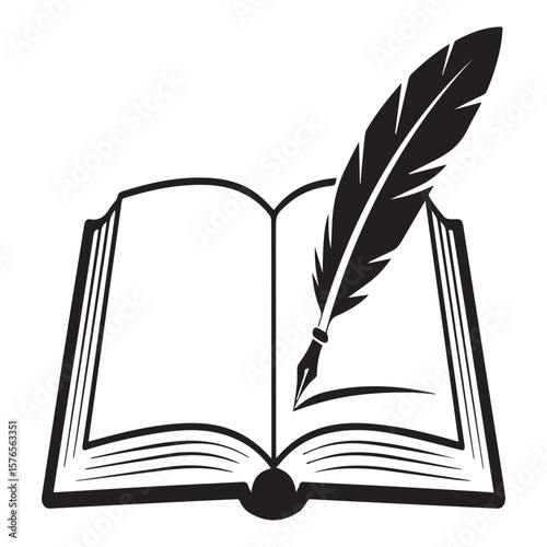 A classic black and white graphic illustration of an open book with a quill pen writing on its pages symbolizing knowledge education and creativity