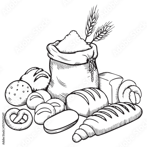 A delightful black and white sketch showcases a variety of freshly baked bread products including a loaf rolls a pretzel and a croissant alongside a sack of flour and wheat stalks