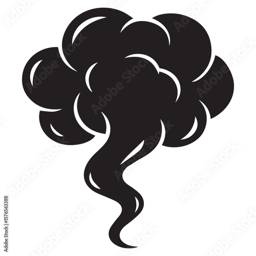 A stylized black silhouette of a wispy cloud or smoke plume with curved edges and a swirling tail against a stark white background representing abstract atmospheric elements