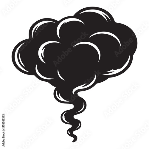 A stylized black and white graphic illustration of a plume of smoke rising upwards with a swirling effect and white highlights