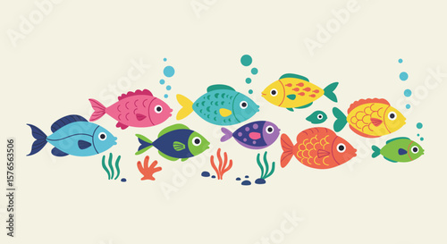 Colorful Fish Illustration Underwater Scene with Diverse Marine Life