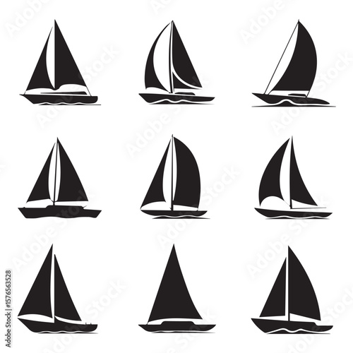 Collection of nine stylized black silhouette vector illustrations of sailboats of various designs and sail configurations gliding across stylized water waves on a clean white background