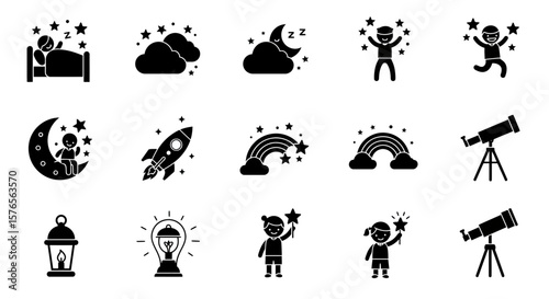 Dreamy Night Sky Icons Stars, Moon, Rockets, and More