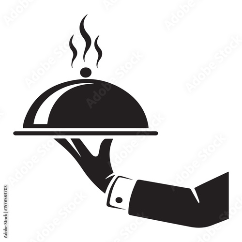 A stylized black silhouette of a gloved hand in a suit cuff holding a steaming food cloche symbolizing service dining and culinary excellence