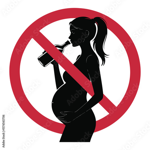 Silhouette of a pregnant woman drinking from a bottle with a red prohibition sign over her symbolizing the danger of alcohol consumption during pregnancy