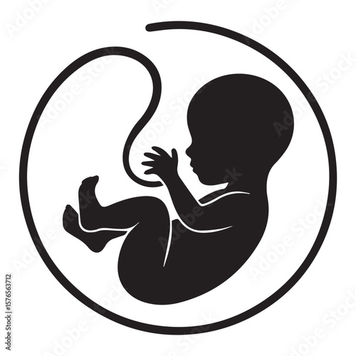 Stylized black silhouette of a fetus curled inside a circular womb with umbilical cord representing pregnancy conception and new life in a simple graphic design