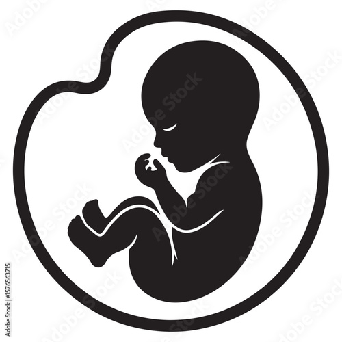 A stylized black silhouette of a fetus curled up peacefully inside a circular womb representing new life pregnancy and development in a simple graphic icon