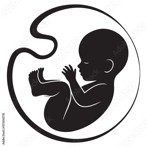 Simple black silhouette of a developing fetus curled inside a circular womb with umbilical cord connected representing life growth and pregnancy in a clean graphic style