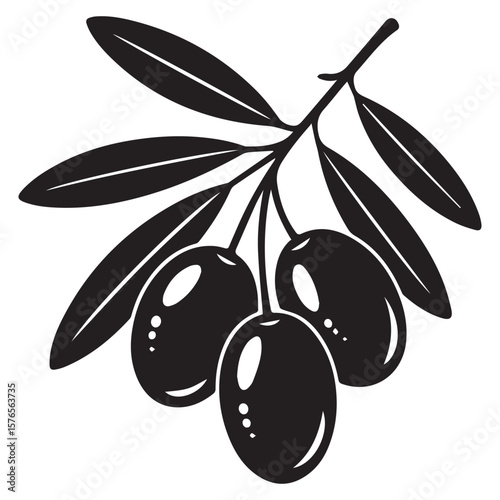 A stylized black and white illustration of a branch with three ripe olives and several pointed leaves perfect for culinary or decorative design elements