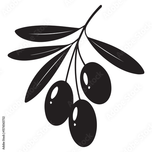 A simple black silhouette of an olive branch with three ripe olives and several leaves against a clean white background representing nature and healthy food