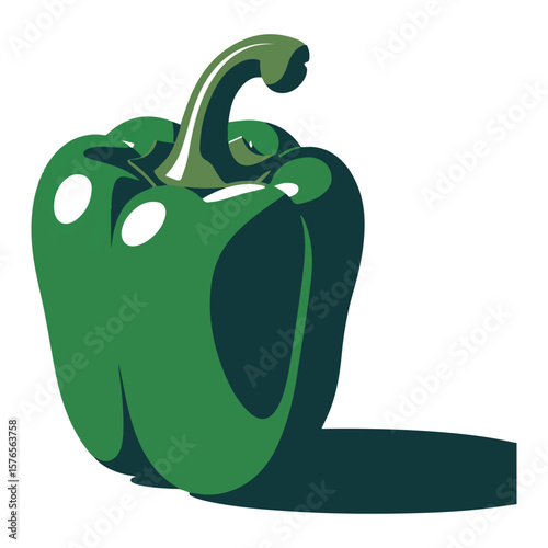 A stylized graphic illustration of a single ripe green bell pepper with a dark shadow cast upon a clean white background showcasing its natural curves and vibrant color