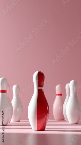 Colorful Bowling Pins Arranged in a Playful Pattern on a Pink Background