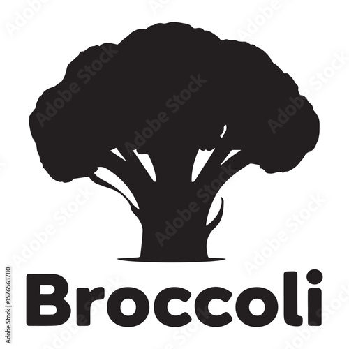 A bold black silhouette of a fresh broccoli head with the word broccoli written in large black capital letters below it on a white background