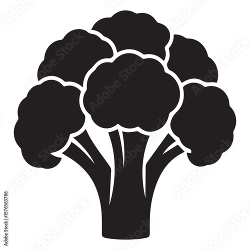 A simple clean black silhouette of a fresh broccoli head with visible florets and stems on a white background representing healthy eating and organic produce