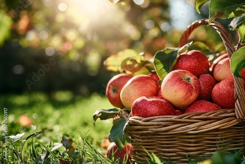 Fresh Red Apples in a Woven Basket Situated on Lush Green Grass Under Warm Su...