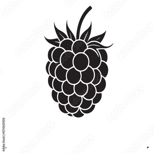 A simple black silhouette of a ripe raspberry with green leaves and a stem against a clean white background representing healthy food and nature