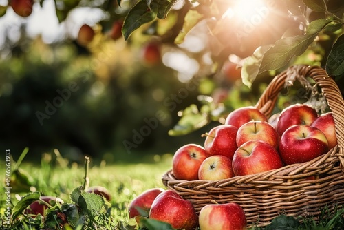 Harvesting Ripe Apples in a Sunlit Orchard With a Woven Basket on the Grass