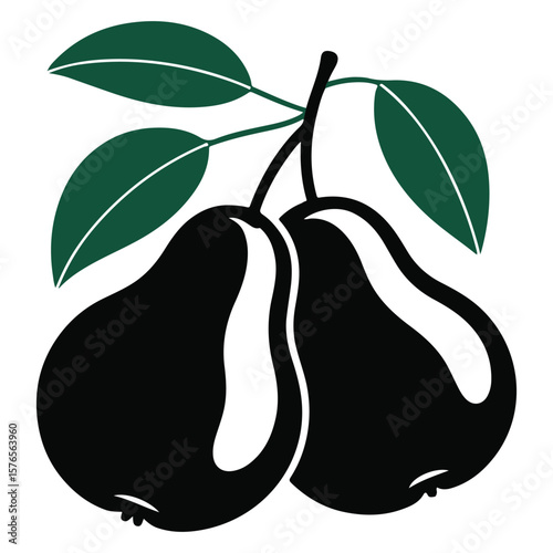 Stylized graphic illustration of two ripe black pears with green leaves and a stem against a clean white background representing healthy organic fruit and natural food