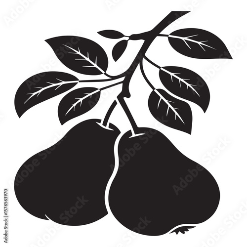 A striking black and white silhouette graphic featuring two ripe pears hanging from a leafy branch perfect for design elements