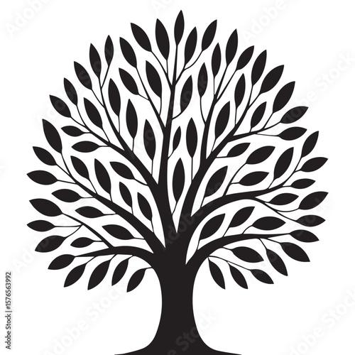 A stylized minimalist black silhouette of a deciduous tree with a thick trunk and many branches adorned with oval leaves against a clean white background