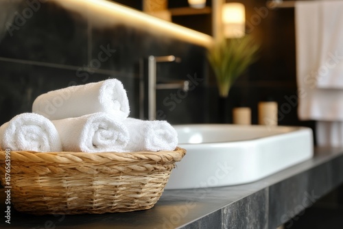 Elegant Bathroom Setup Featuring Soft Towels and a Modern Sink in a Tranquil ...