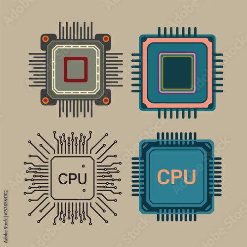 Four stylized computer processors with pins and circuits microchip technology