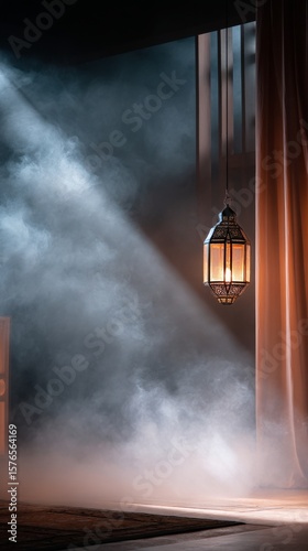 Lantern Glows in Mist-Filled Room Creating a Mysterious Atmosphere