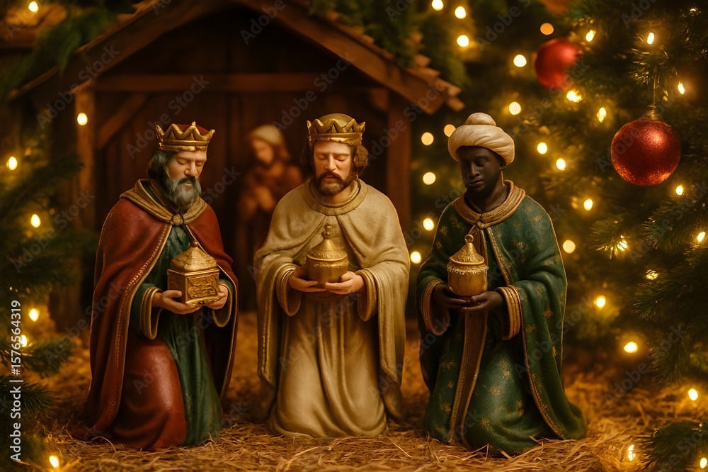 Fototapeta premium Three Wise Men Figurines in Festive Nativity Scene with Warm Christmas Lights and Decorations