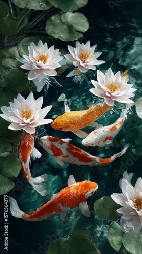 Colorful Koi Fish Swimming Among Blooming Lotuses in a Serene Pond at Midday