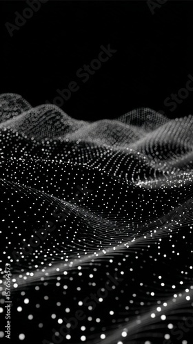 Abstract Digital Landscape With Flowing Lines and Particles on a Dark Background
