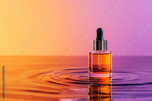 Beautiful Amber Oil Dropper Bottle Reflecting Sunset Colors on Water