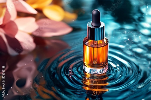 Serene Glass Dropper Bottle Reflecting in Calm Water at Sunset