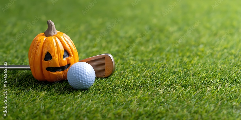 Naklejka premium Autumn Golfing Fun Halloween Themed Golf Ball and Pumpkin Decoration