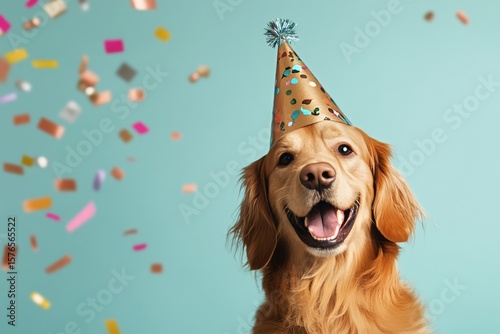 Golden Retriever Celebrates Birthday With Confetti and Party Hat in Festive I...